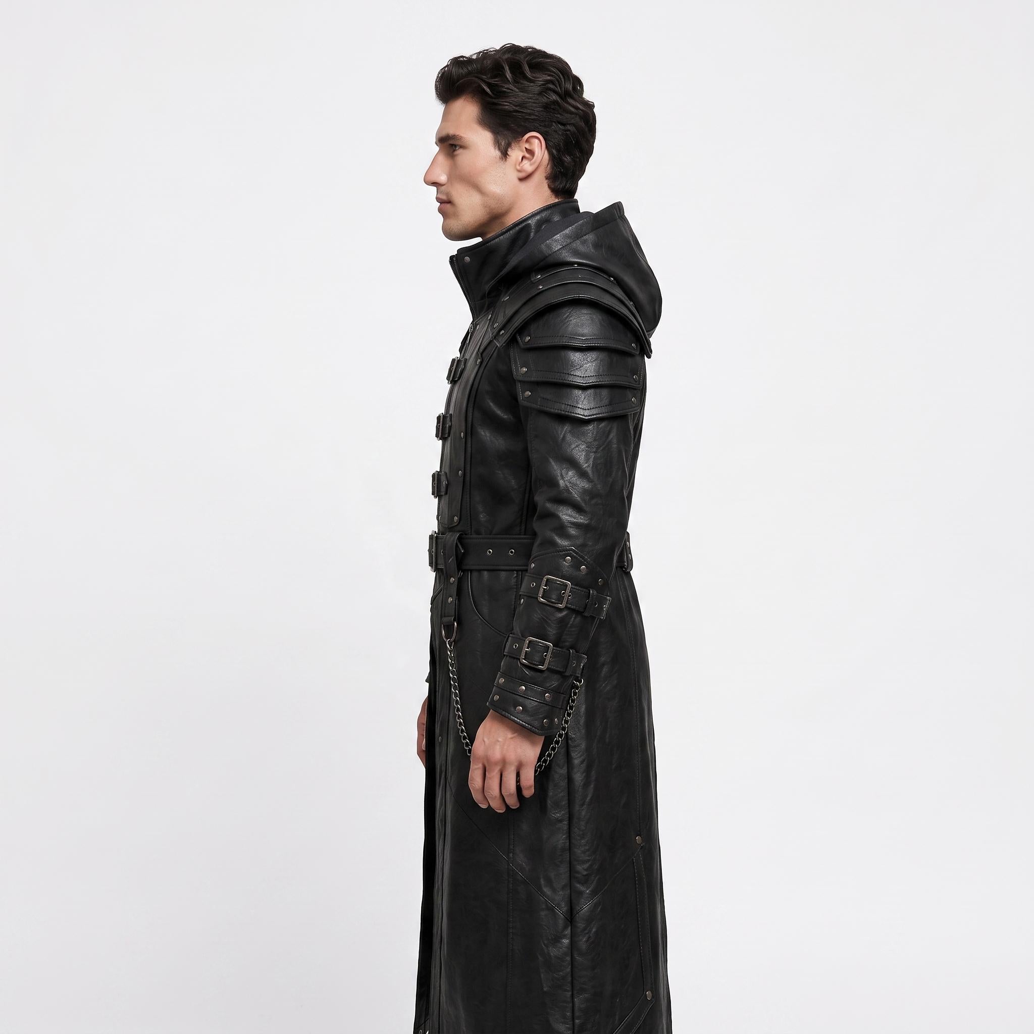 Men's Handmade Black Leather Samurai Coat | Hooded Ronin Cosplay Jacket, Warrior Armor