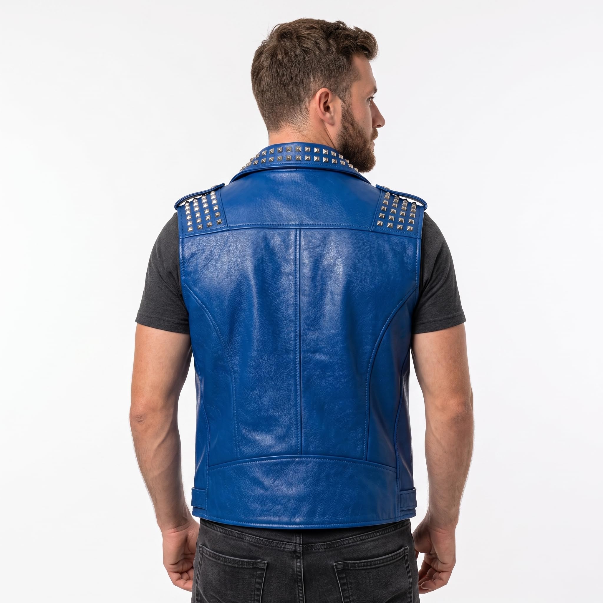 Timber AND Hide Men's Genuine Leather Motorcycle Biker Vest – Classic Double Rider Style with Studded Shoulders