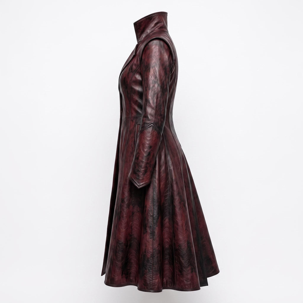 Women's Gothic Vampire Queen Burgundy Leather Trench Coat