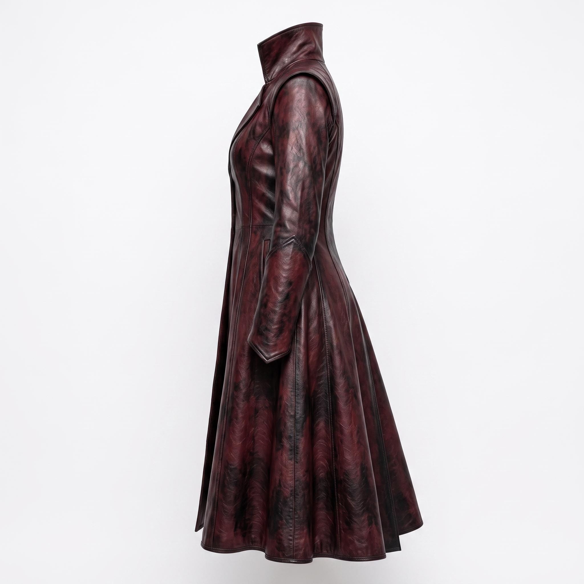 Women's Gothic Vampire Queen Burgundy Leather Trench Coat