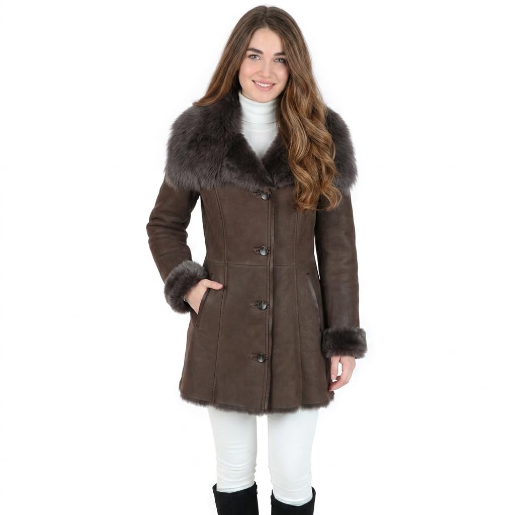 Women's Sheepskin Long Hair Toscana Lapel Coat Brown