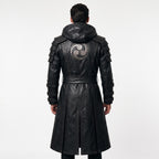 Black Leather Samurai Armor Trench Coat, Hooded Warrior Jacket, Gothic Cosplay Apparel