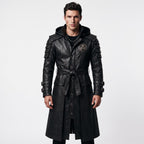 Black Leather Samurai Armor Trench Coat, Hooded Warrior Jacket, Gothic Cosplay Apparel