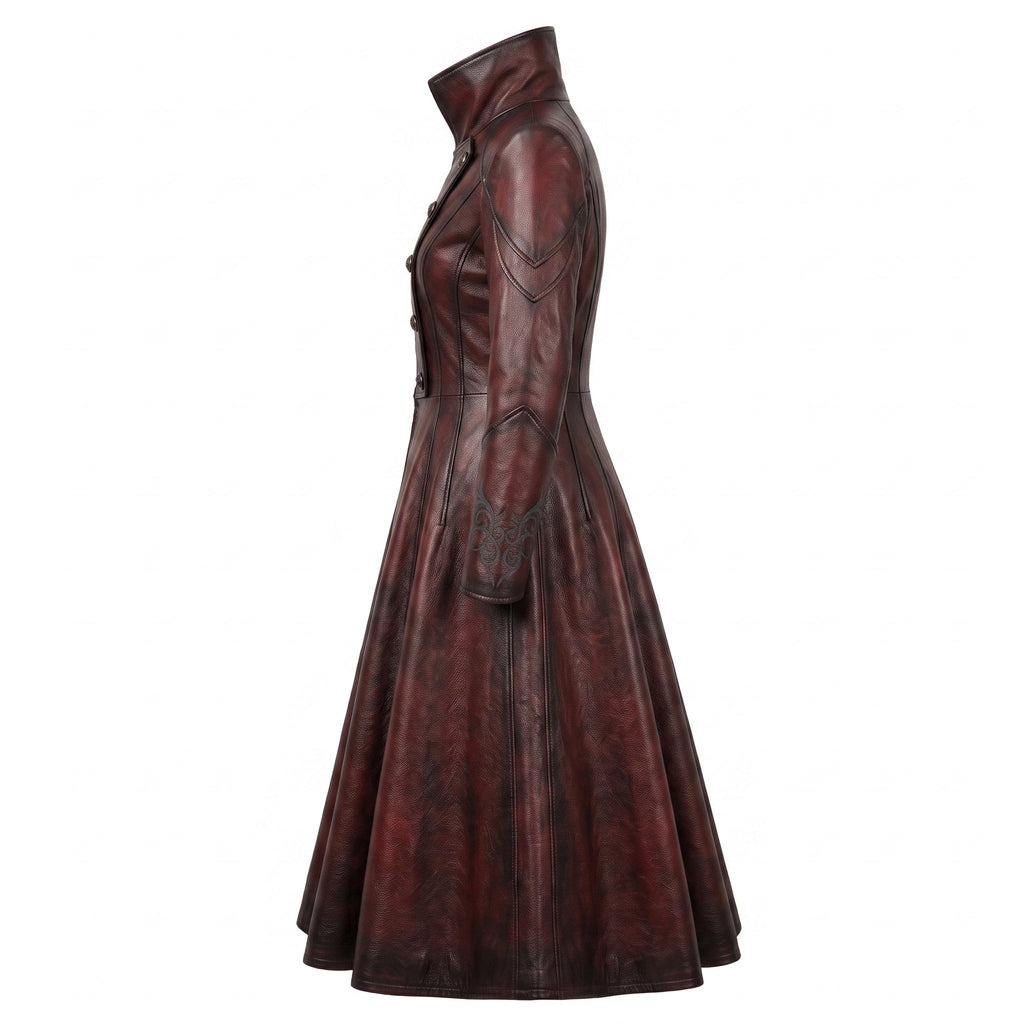 Women's Gothic Vampire Queen Leather Coat | Distressed Burgundy Victorian Cosplay Jacket