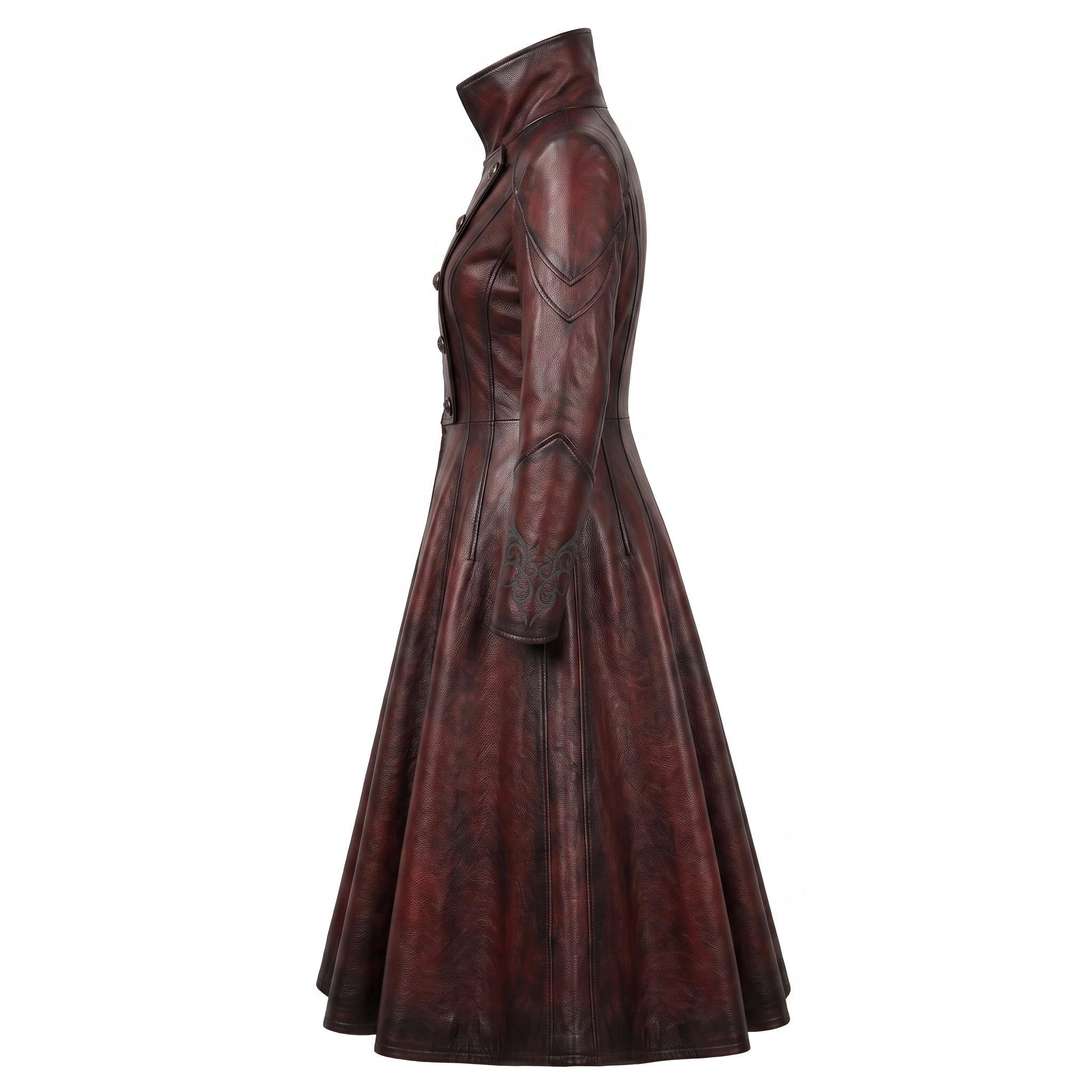 Women's Gothic Vampire Queen Leather Coat | Distressed Burgundy Victorian Cosplay Jacket