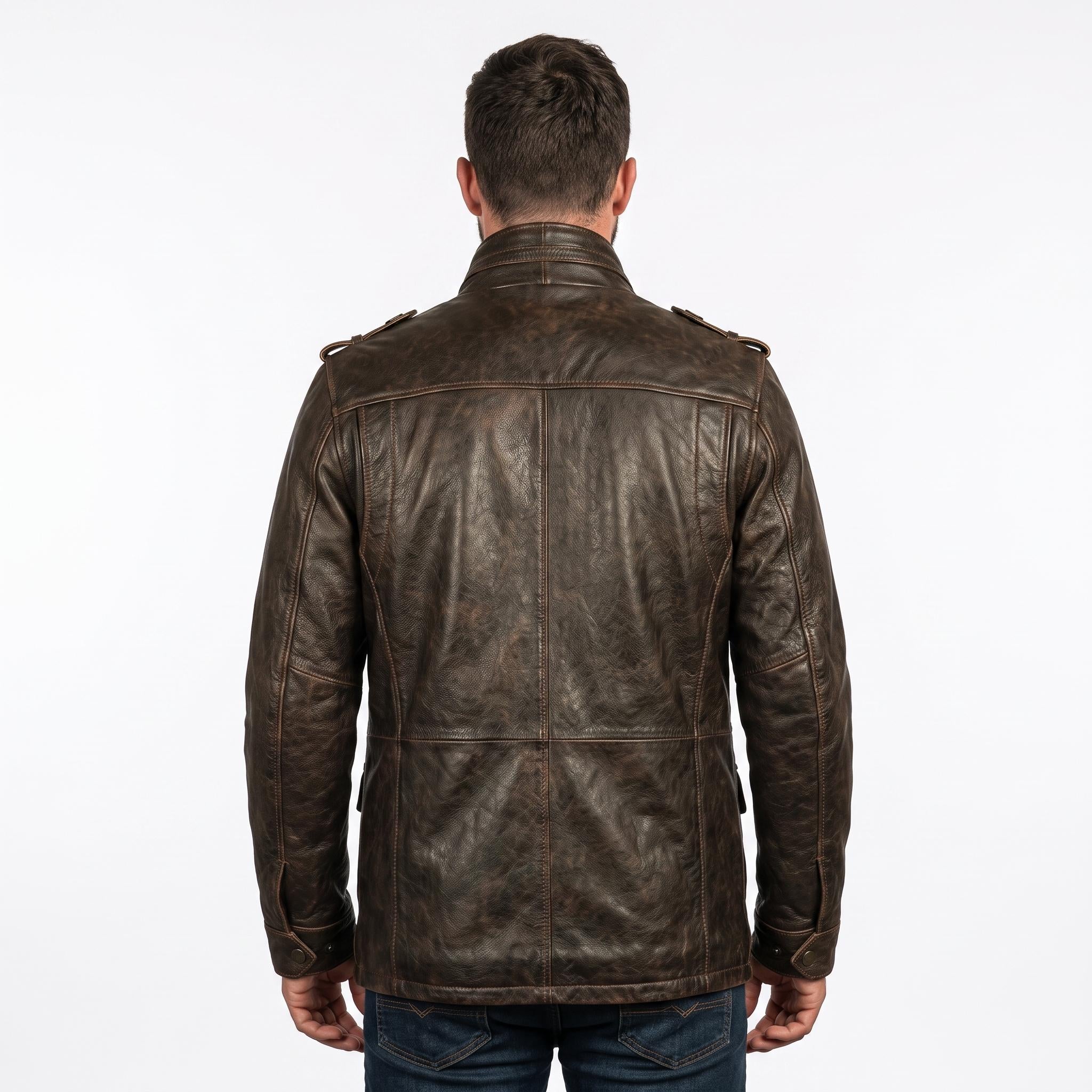 Men's Distressed Brown Leather Field Jacket | Military Utility Coat