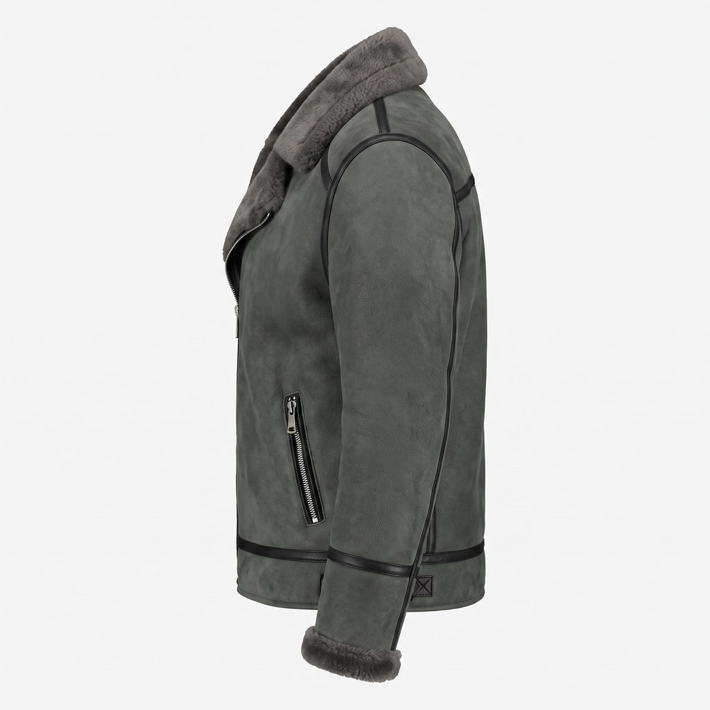 Black Suede Lamb Shearling Biker Jacket with Buckle Collar – Premium Suede Shearling Jacket