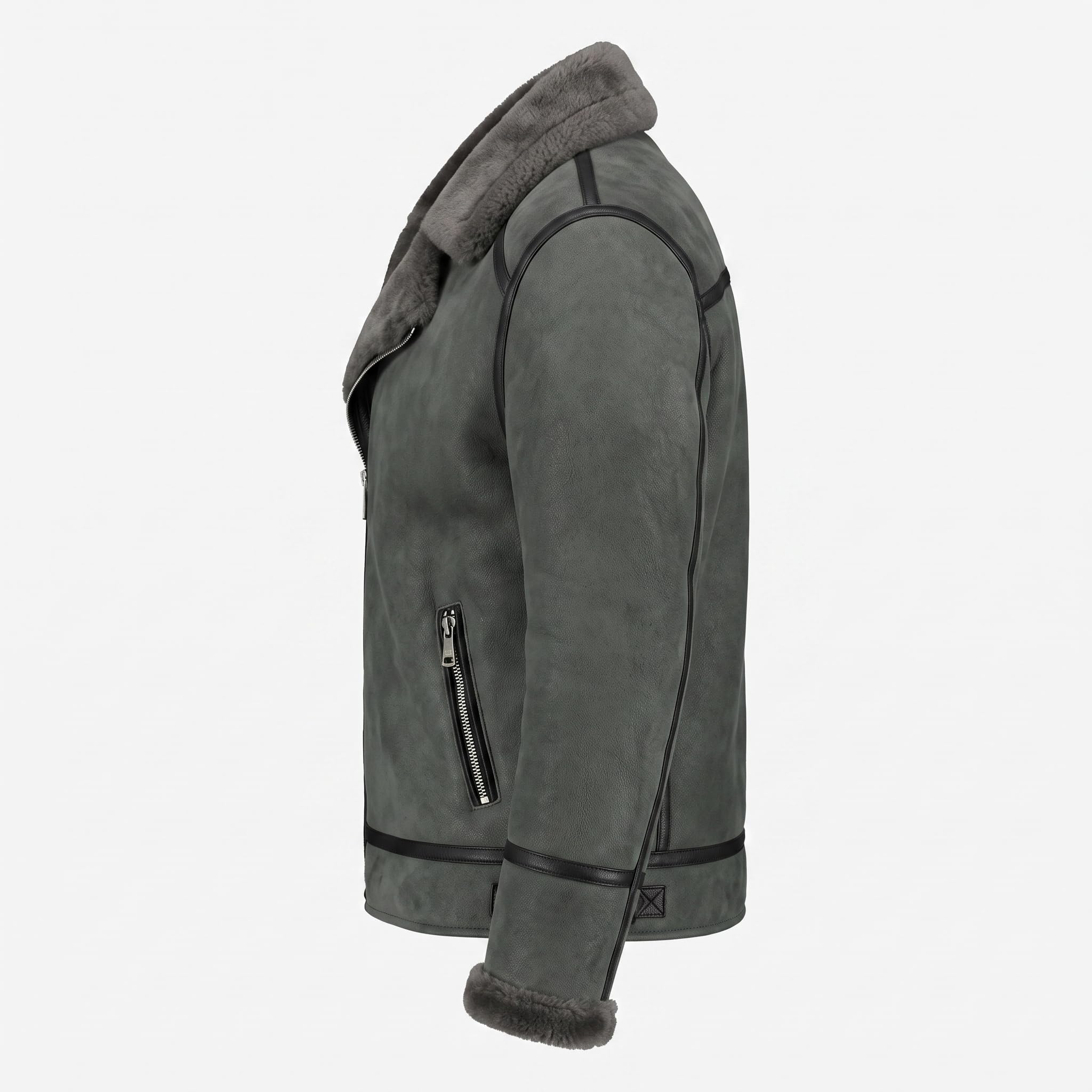 Black Suede Lamb Shearling Biker Jacket with Buckle Collar – Premium Suede Shearling Jacket
