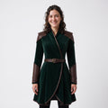Women's Velvet Wrap Coat Dress with Leather Armor Trim, Fantasy Cosplay Outfit
