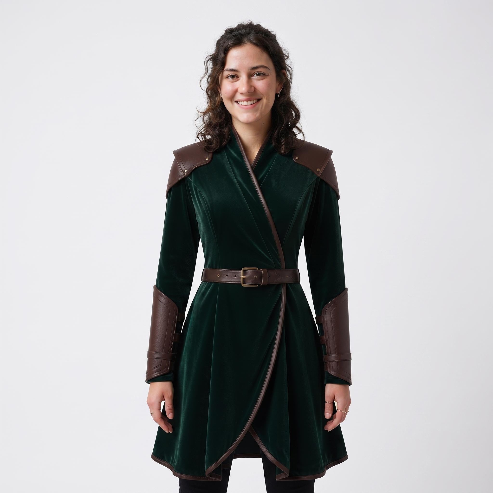 Women's Velvet Wrap Coat Dress with Leather Armor Trim, Fantasy Cosplay Outfit