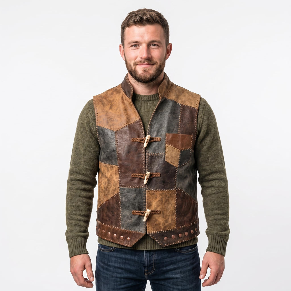Men's Patchwork Leather Vest | Handmade Genuine Leather Vest|Vintage Patch Leather Vest|Rustic Biker Motorcycle Vest