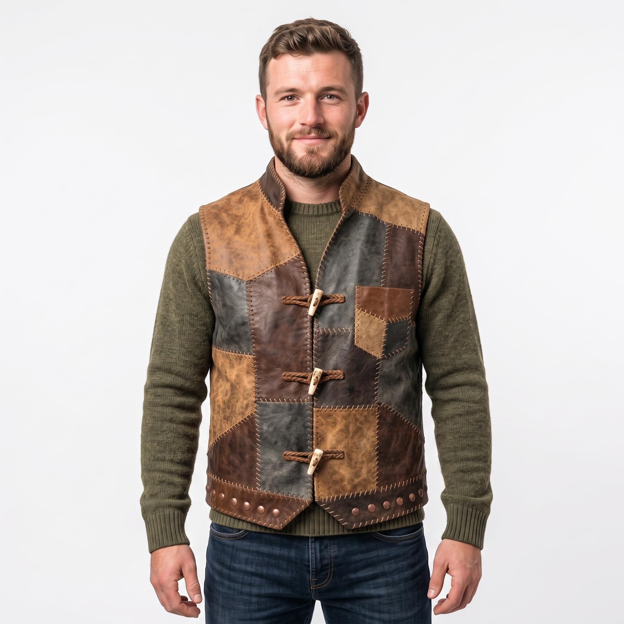 Men's Patchwork Leather Vest | Handmade Genuine Leather Vest|Vintage Patch Leather Vest|Rustic Biker Motorcycle Vest