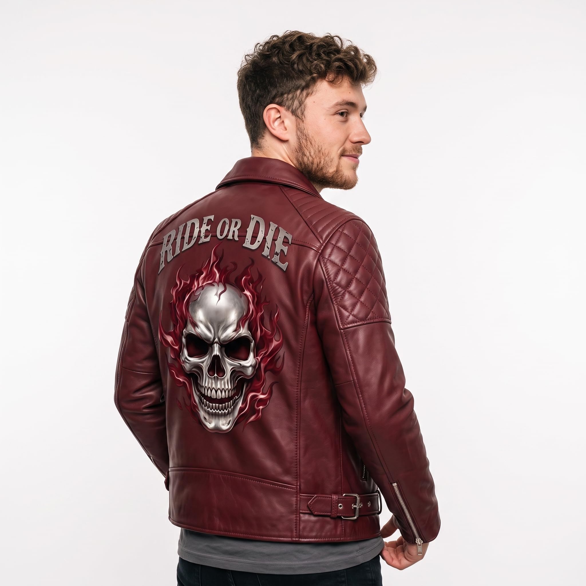 Men's Vintage Crimson Red Skull Leather Jacket | Motorcycle Jacket with Skull Back