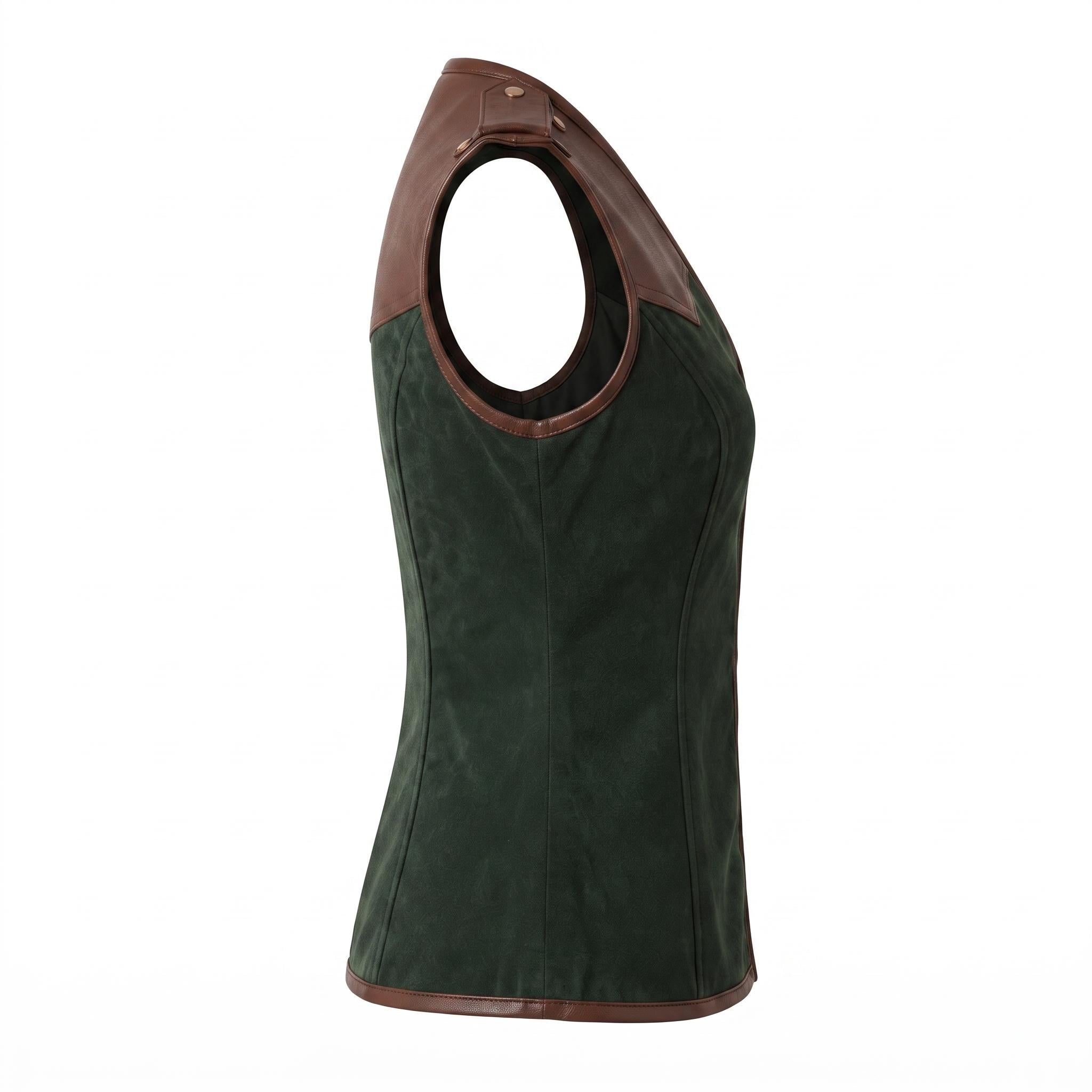 Women's Forest Green Suede Vest: Engraved Mountain Landscape, Leather Accents, Cottagecore Outerwear
