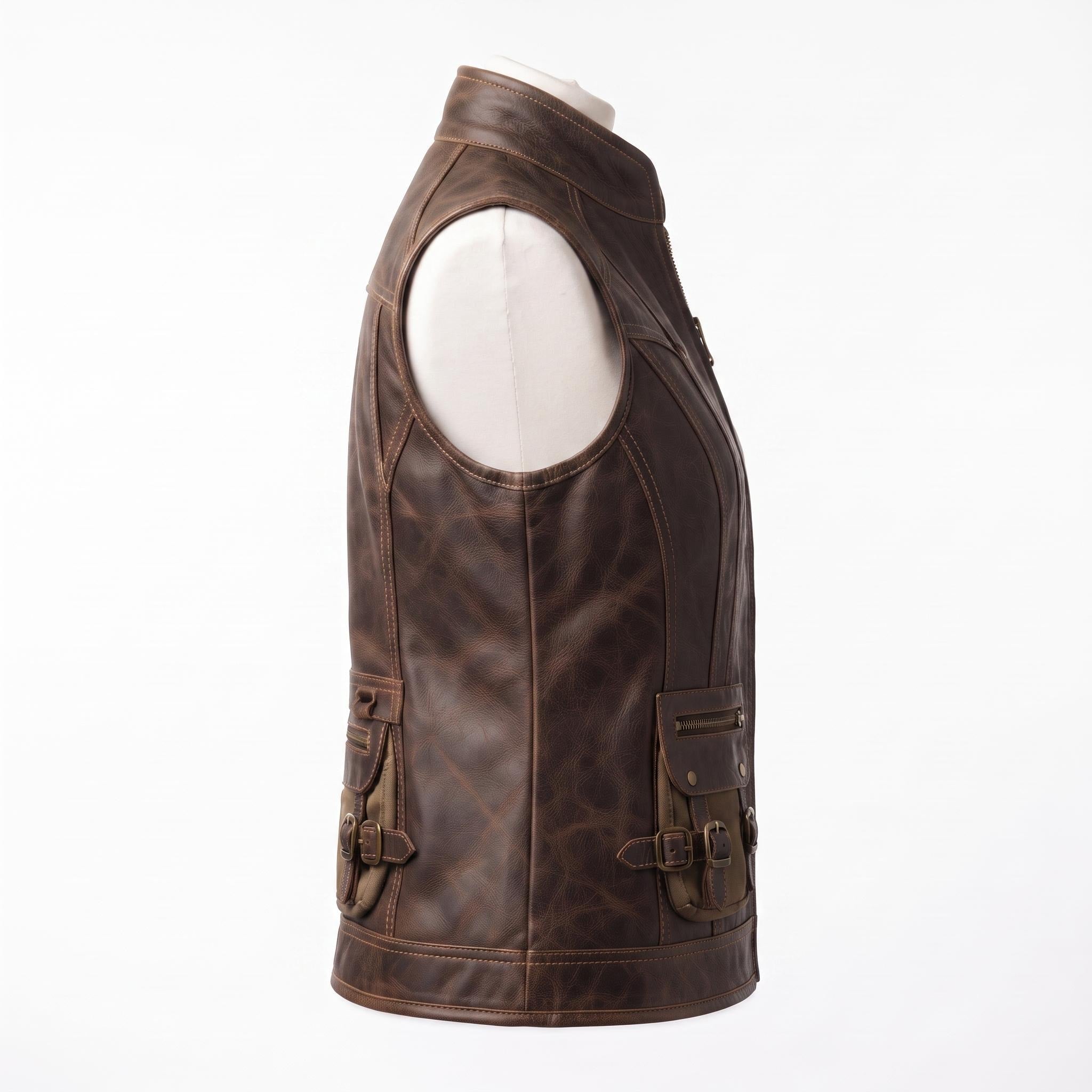 Women's Genuine Leather Utility Vest | Distressed Brown Travel Waistcoat