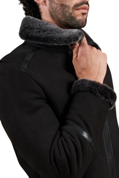 Men's Peter Black Suede Lamb Shearling Biker Jacket with Buckle Collar – Suede Shearling Jacket