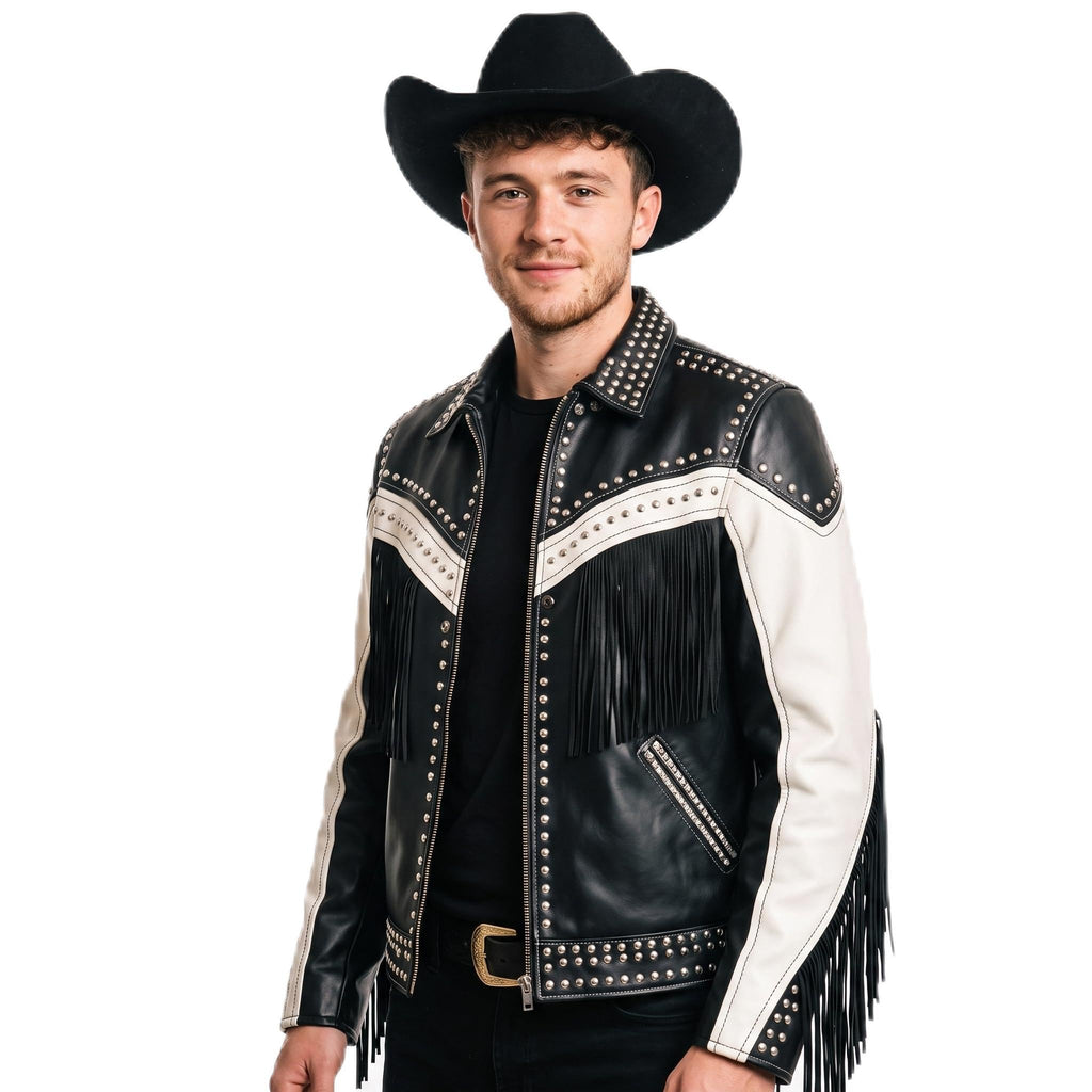 Man's Handmade Western Fringe Leather Jacket | Studded Cowboy Biker Coat