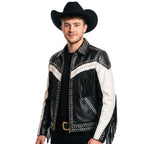 Man's Handmade Western Fringe Leather Jacket | Studded Cowboy Biker Coat