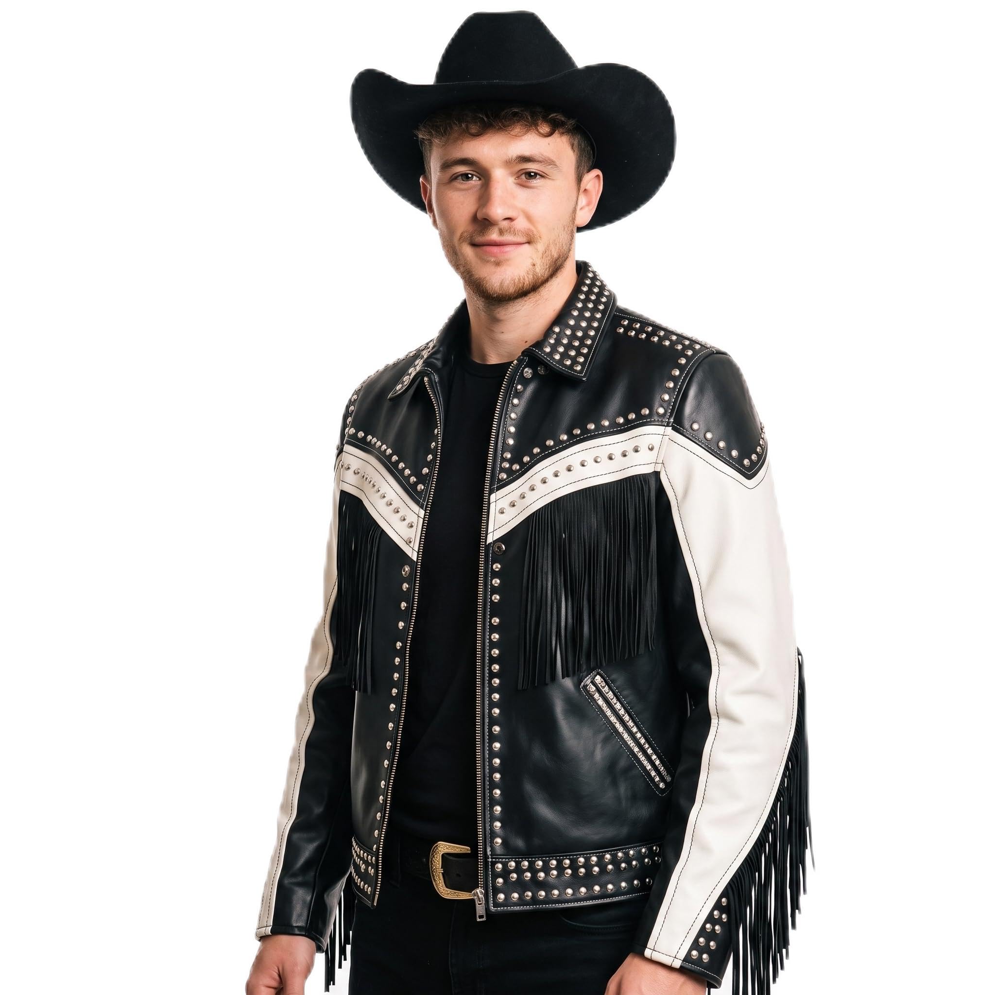 Man's Handmade Western Fringe Leather Jacket | Studded Cowboy Biker Coat
