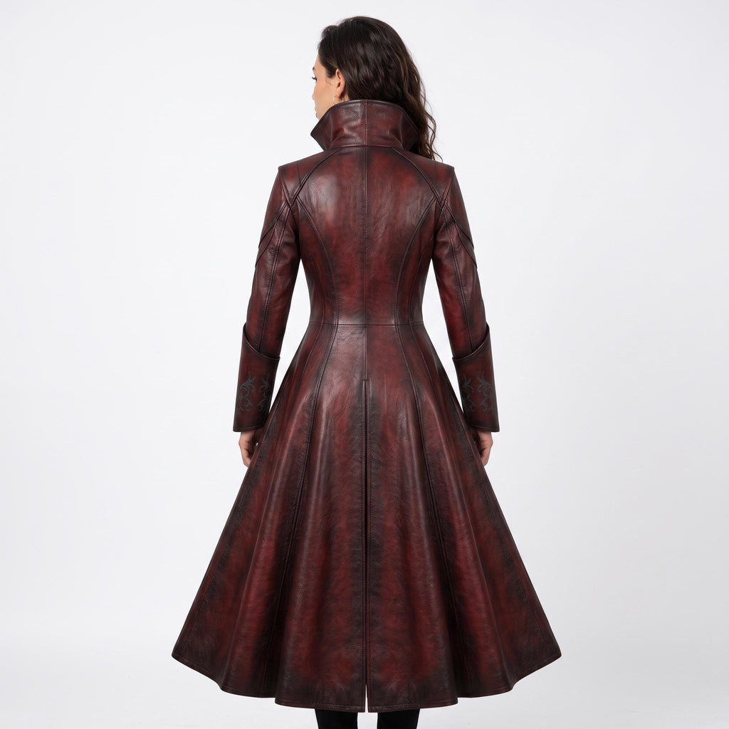 Women's Gothic Vampire Queen Leather Coat | Distressed Burgundy Victorian Cosplay Jacket