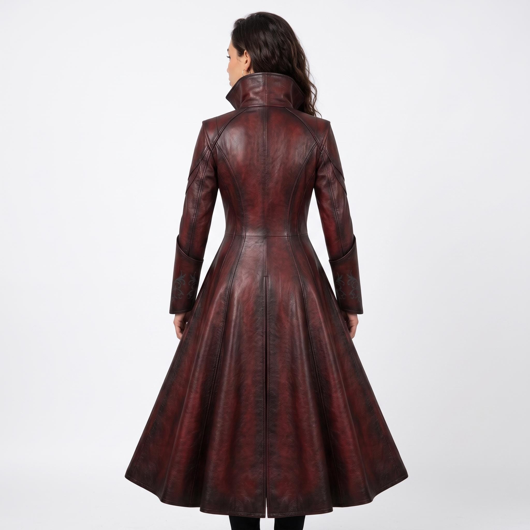 Women's Gothic Vampire Queen Leather Coat | Distressed Burgundy Victorian Cosplay Jacket