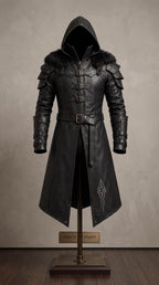Men's Black Leather Hooded Armor Coat | Medieval Viking Warrior Cosplay Jacket