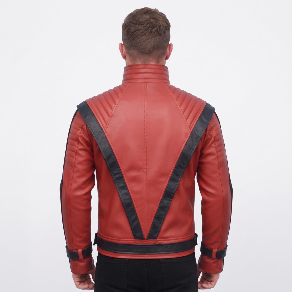 Men's Handmade Red Leather Pop Icon Jacket – 80s Music Video Inspired Biker Coat