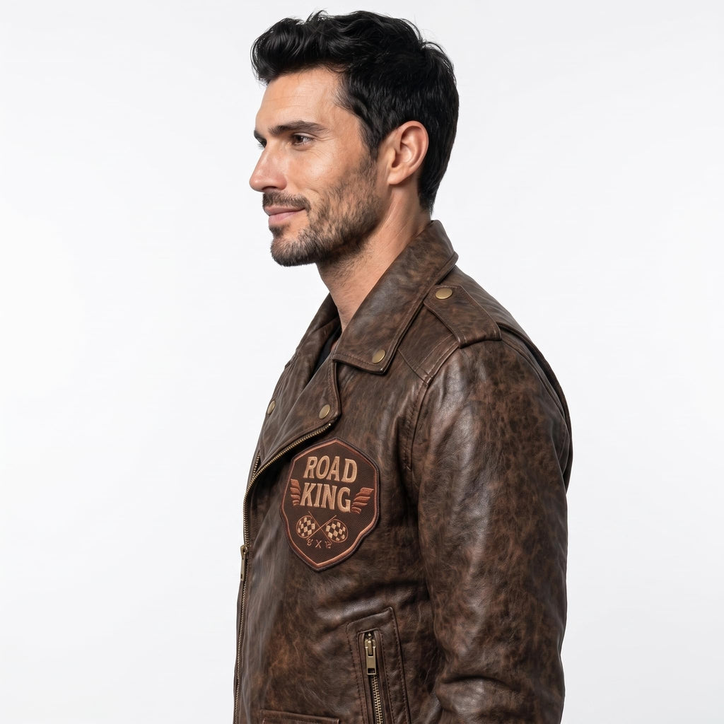 Men's Road King Vintage Leather Jacket - Winged Skull & Ride to Live Biker Design