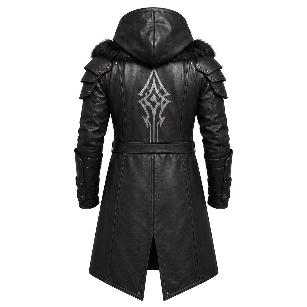 Men's Black Leather Hooded Armor Coat | Medieval Viking Warrior Cosplay Jacket