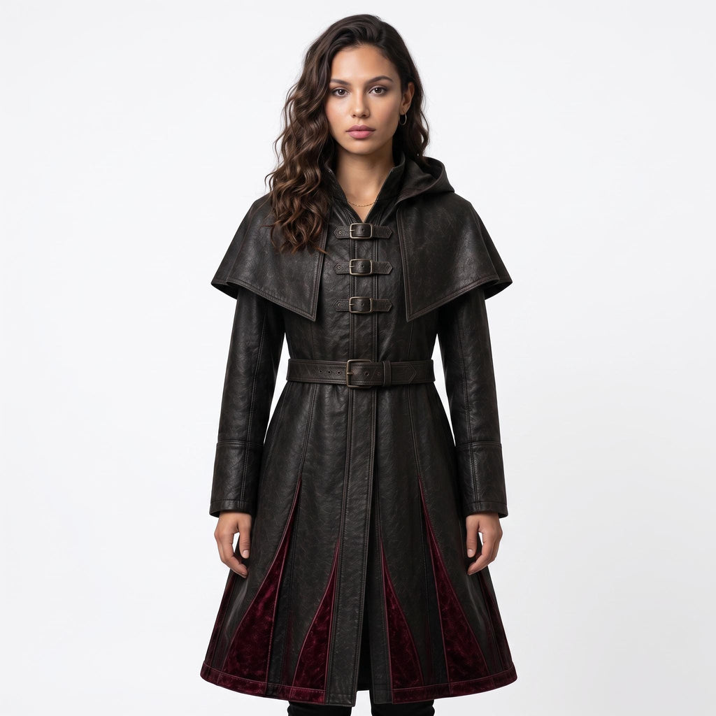 Women's Genuine Leather Hooded Cloak: Medieval Gothic Renaissance Fantasy Cape