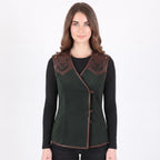 Women's Forest Green Suede Vest: Engraved Mountain Landscape, Leather Accents, Cottagecore Outerwear
