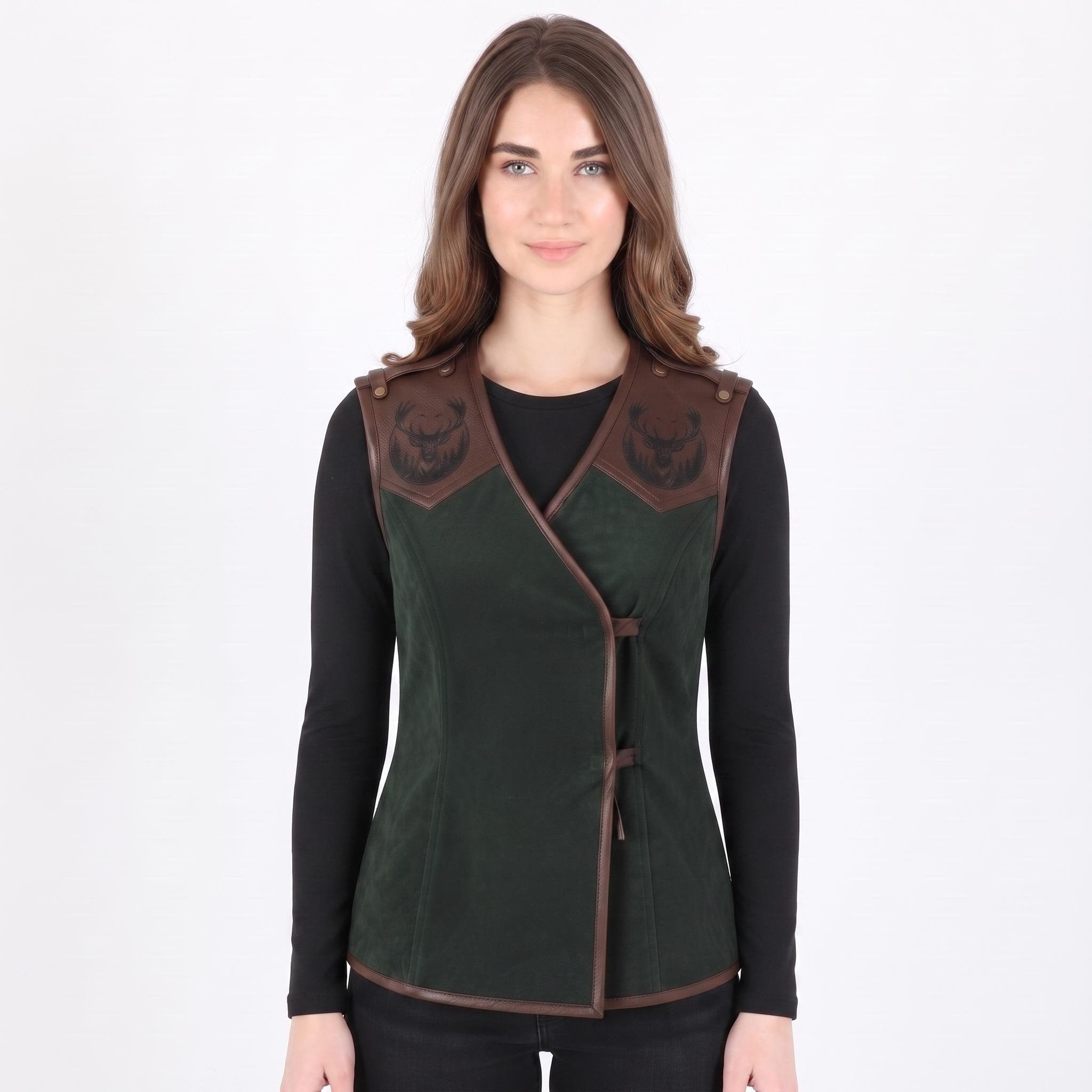 Women's Forest Green Suede Vest: Engraved Mountain Landscape, Leather Accents, Cottagecore Outerwear