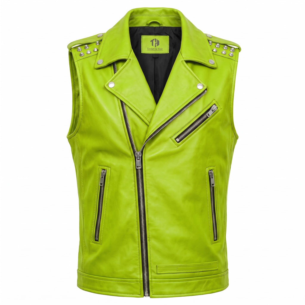 Timber AND Hide Men's Genuine Leather Motorcycle Biker Vest – Classic Double Rider Style with Studded Shoulders