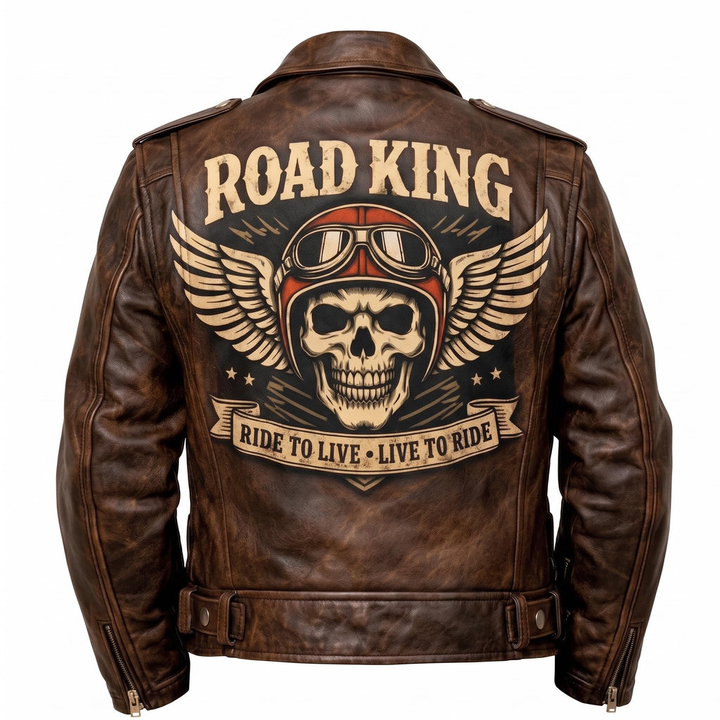 Men's Road King Vintage Leather Jacket - Winged Skull & Ride to Live Biker Design