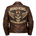 Men's Road King Vintage Leather Jacket - Winged Skull & Ride to Live Biker Design