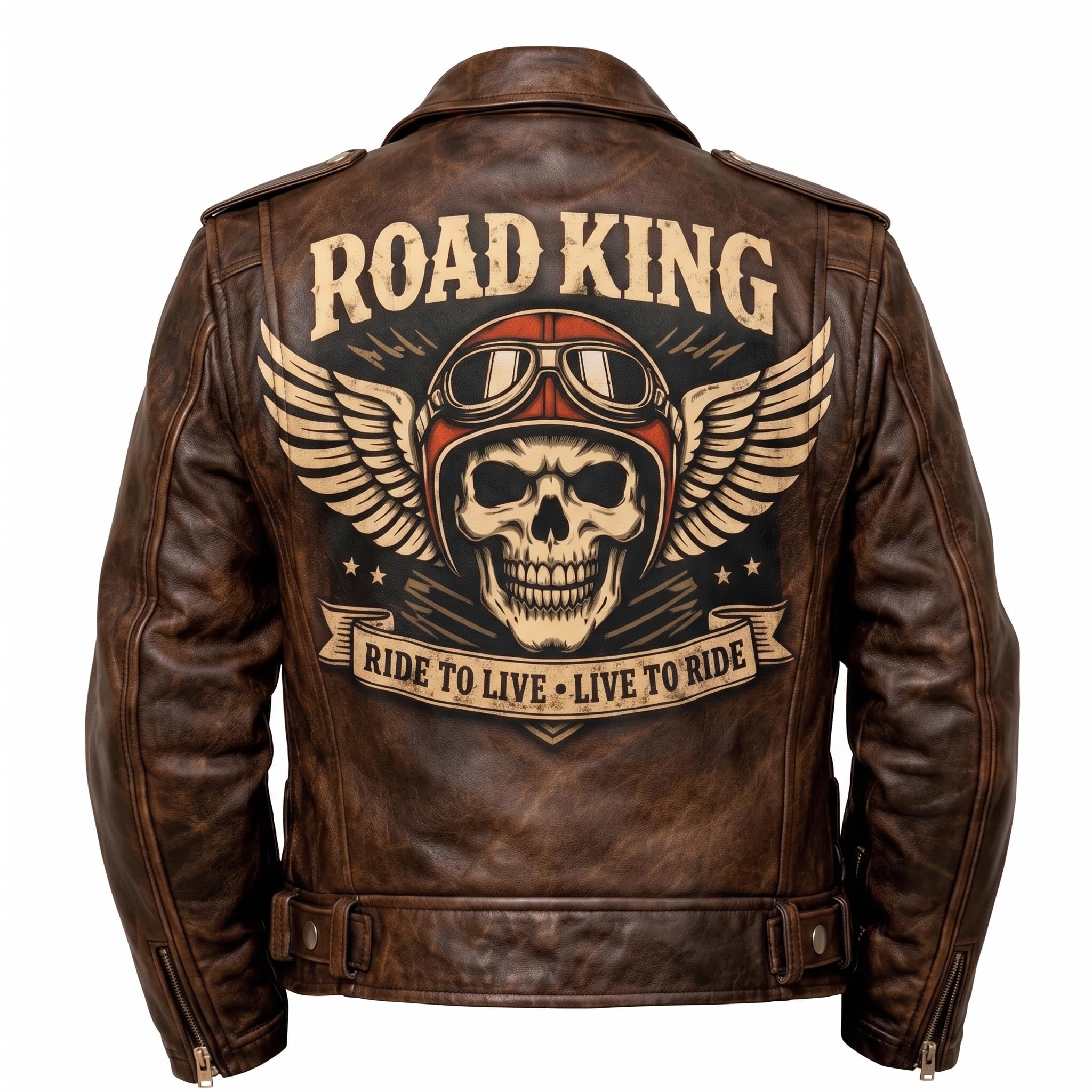 Men's Road King Vintage Leather Jacket - Winged Skull & Ride to Live Biker Design