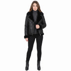 Black Crinkled Leather Aviator Jacket, Women's Shearling Trim Bomber