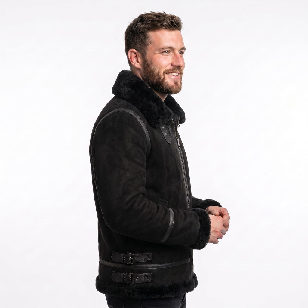 Black Suede Lamb Shearling Biker Jacket with Buckle Collar – Premium Suede Shearling Jacket