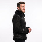 Black Suede Lamb Shearling Biker Jacket with Buckle Collar – Premium Suede Shearling Jacket