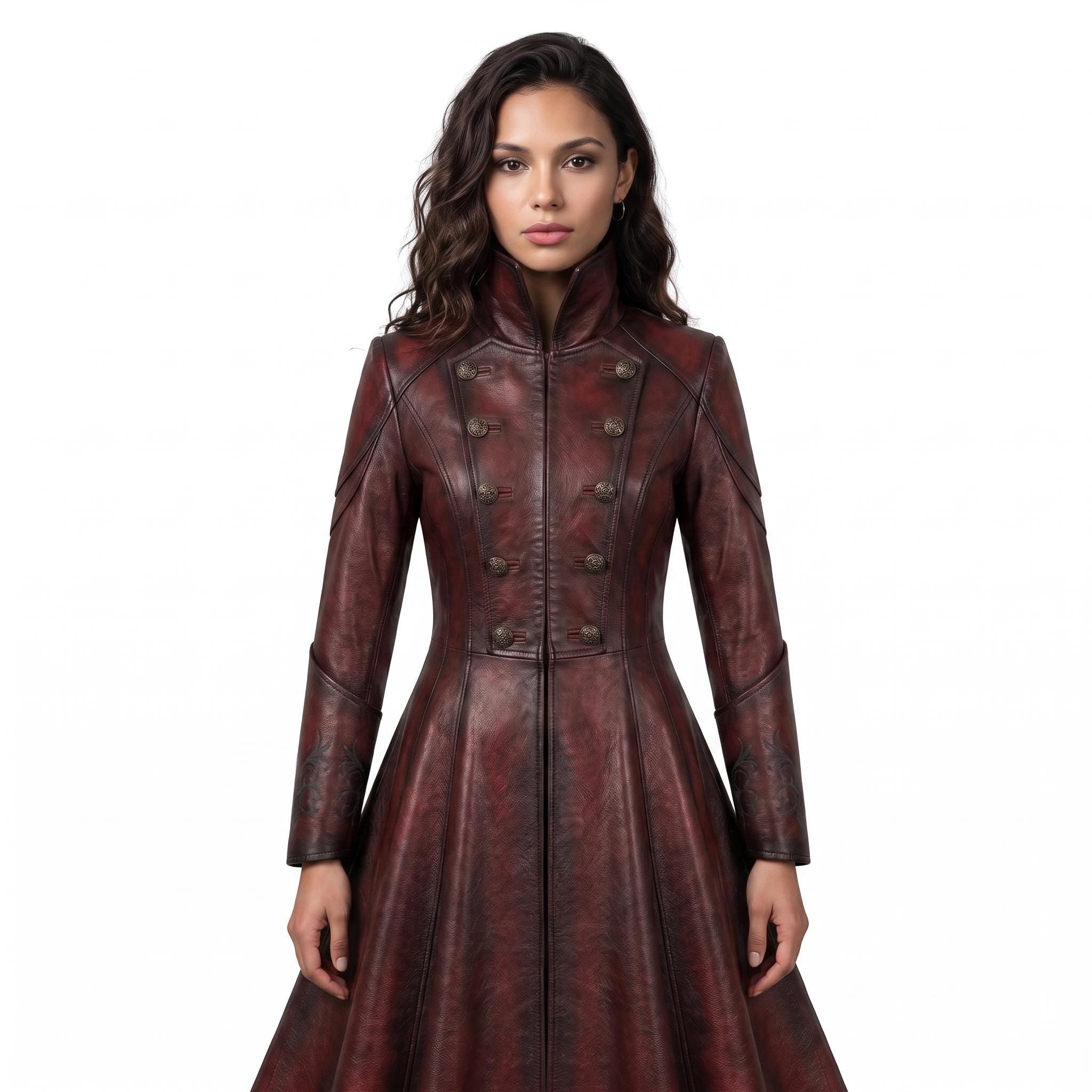 Women's Gothic Vampire Queen Leather Coat | Distressed Burgundy Victorian Cosplay Jacket