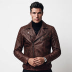 Men's motorcycle jacket with skull back | brown leather biker jacket | vintage moto style