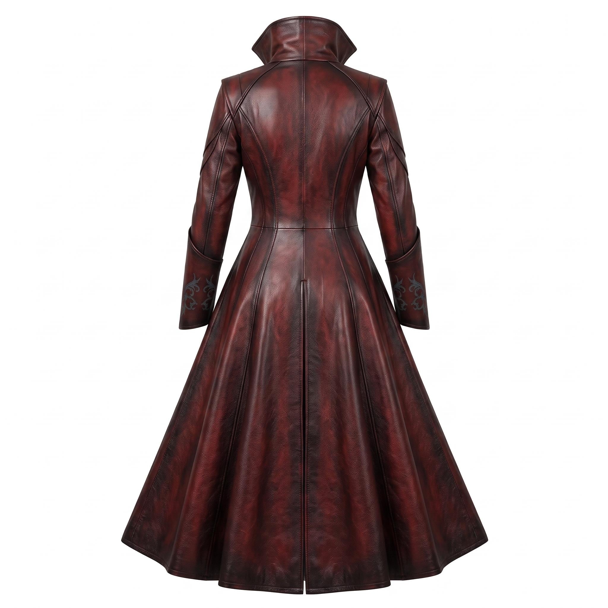 Women's Gothic Vampire Queen Leather Coat | Distressed Burgundy Victorian Cosplay Jacket