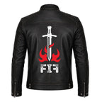 Men's Black Leather Biker Jacket, Sword Flame Graphic Rider Coat
