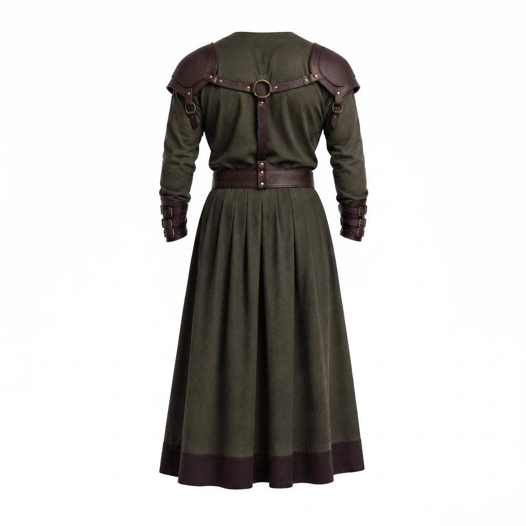 Men's Medieval Warrior Robe with Leather Shoulder Armor, Viking Tunic Costume, Fantasy Knight Garment