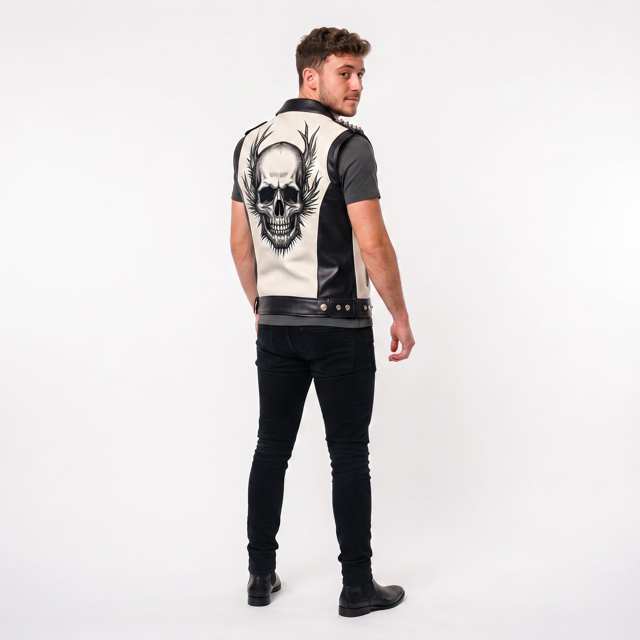 Handmade Skull Leather Biker Vest – Gothic Rocker Sleeveless Jacket