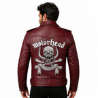 Motorhead Inspired Leather Biker Jacket | Skull Printed Leather Jacket | Men's Burgundy Leather Motorcycle Jacket