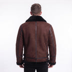 Men's Suede Shearling Aviator Jacket, Brown Leather Trim Biker Style
