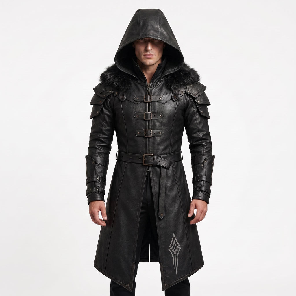 Men's Black Leather Hooded Armor Coat | Medieval Viking Warrior Cosplay Jacket