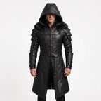 Men's Black Leather Hooded Armor Coat | Medieval Viking Warrior Cosplay Jacket