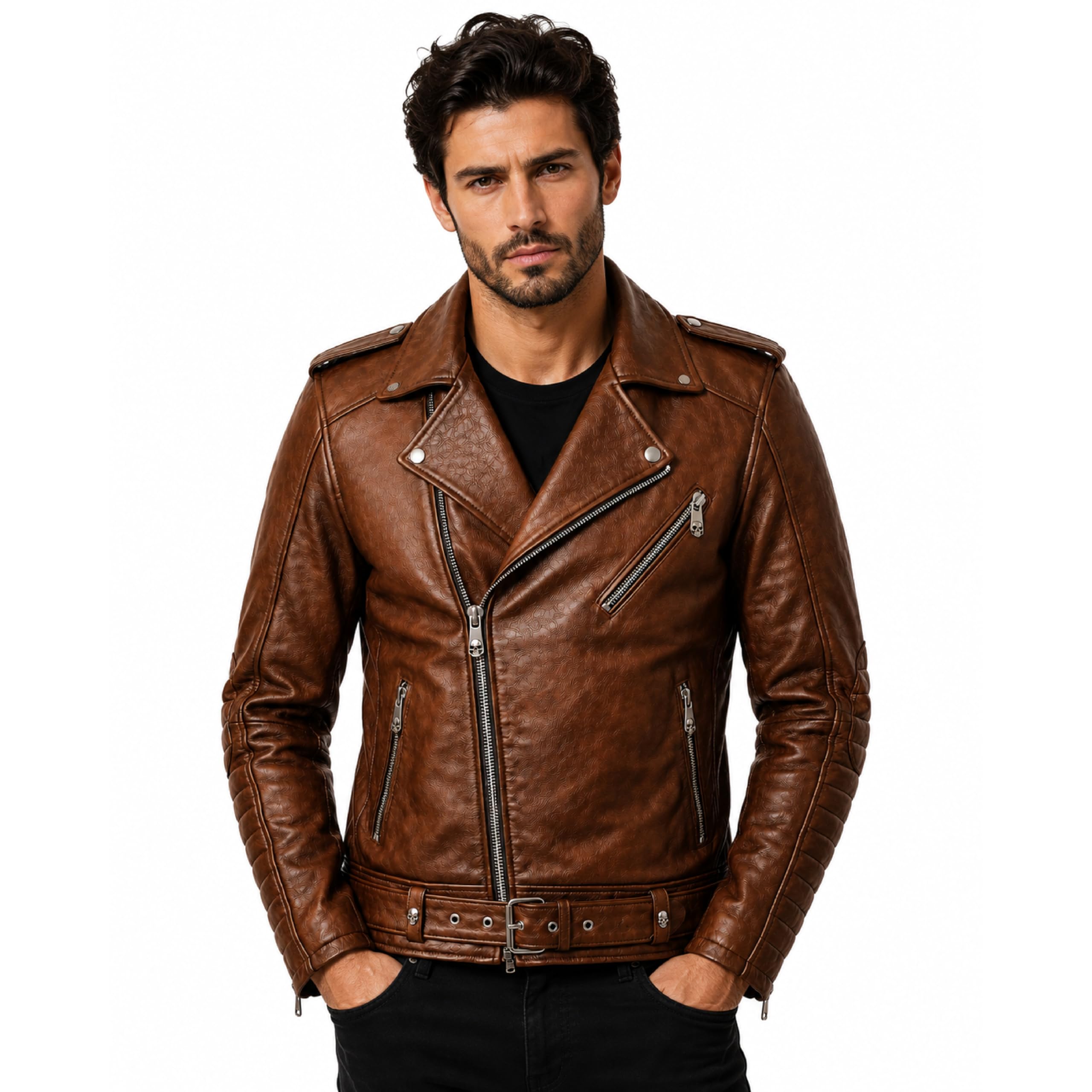 Men's Brown Motorhead Inspired Leather Jacket | Skull Biker Jacket | Rock Punk Motorcycle Jacket